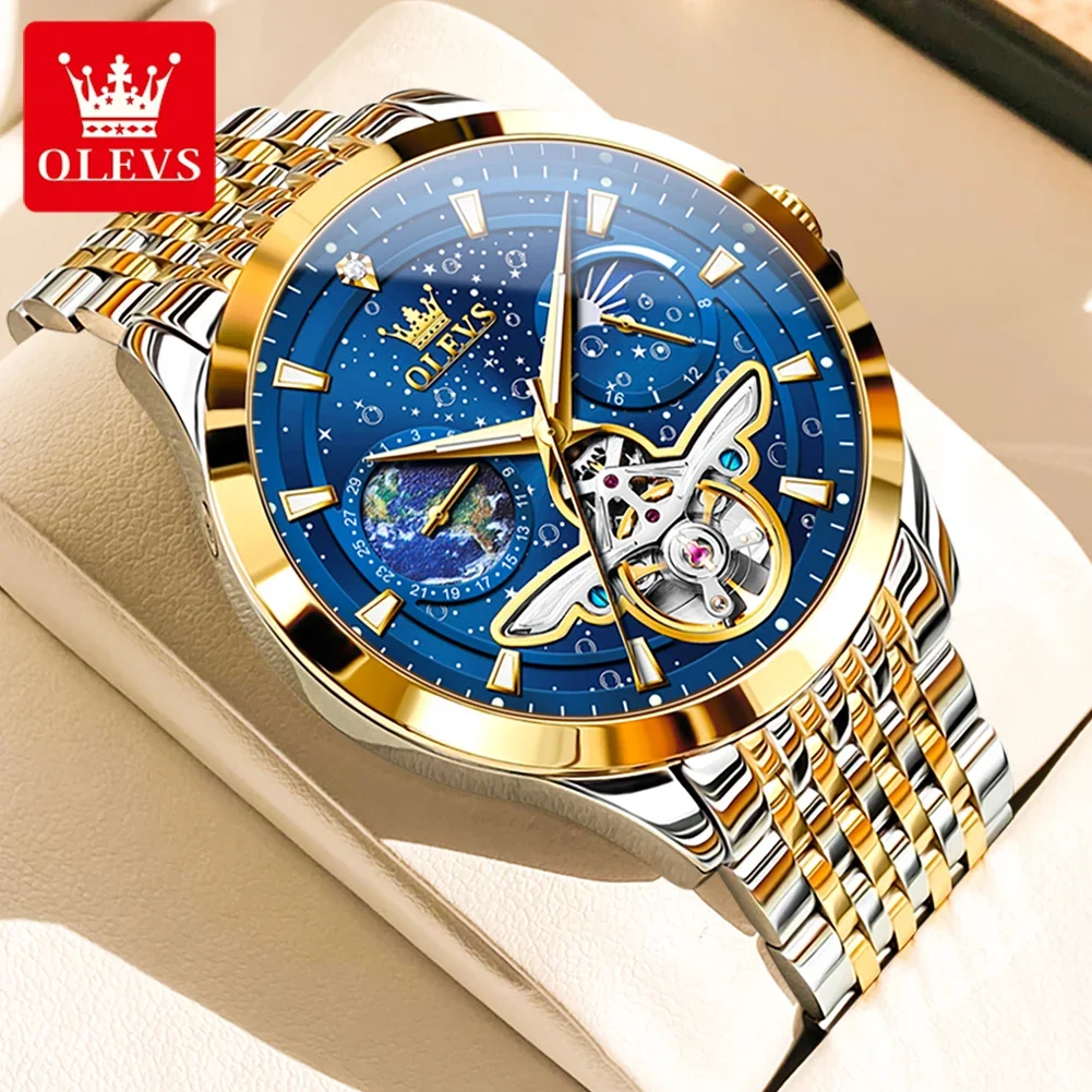 

Olevs Luxury Brand Watch for Men New Hollow Out Flywheel Luminous Waterproof Fully Automatic Mechanical Watch starry Moon Dial