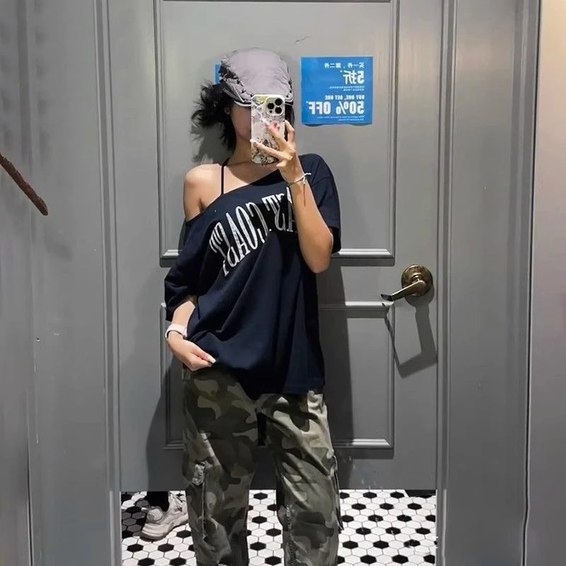 Off-shoulder T-shirt voor dames Koreaanse stijl Dames blauwgroen grafisch T-shirt Extra lang shirt Zoete wasbare aanscherping Strandbovenkleding