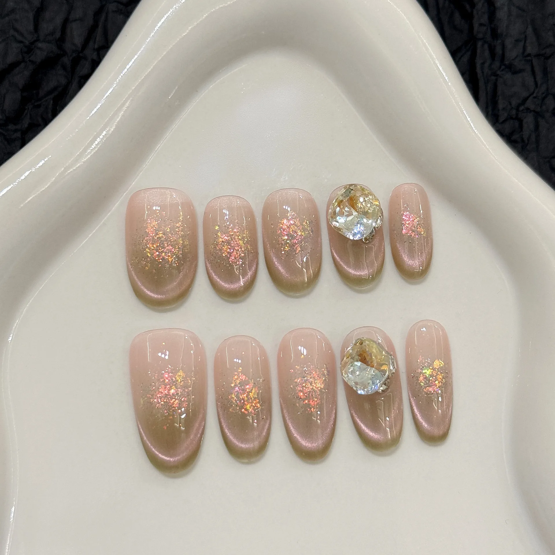 

10 PCS Luxury Handmade Press on Nails Short Oval Smile cat's eye Design with 3-PIECE Tool Adhesive Nail Glue Tabs