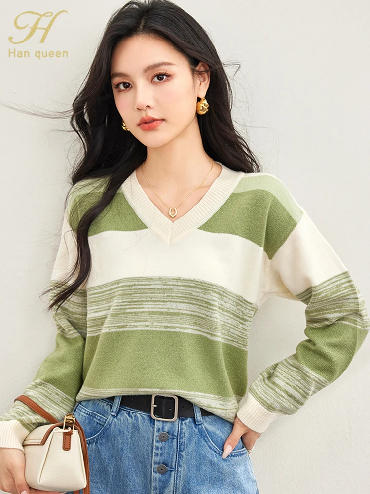 H Han Queen 2024 Autumn Tops Women Sweater Color Blocking Stripes Loose Vintage Casual knitted Pullover Sweaters Woman Clothing