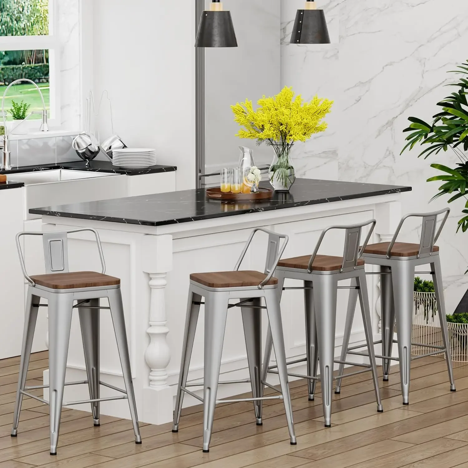 30 inch Bar Stools Set of 4 Bar Height Metal Barstools with Wood Seat Low Back Kitchen Bar Chairs Silver