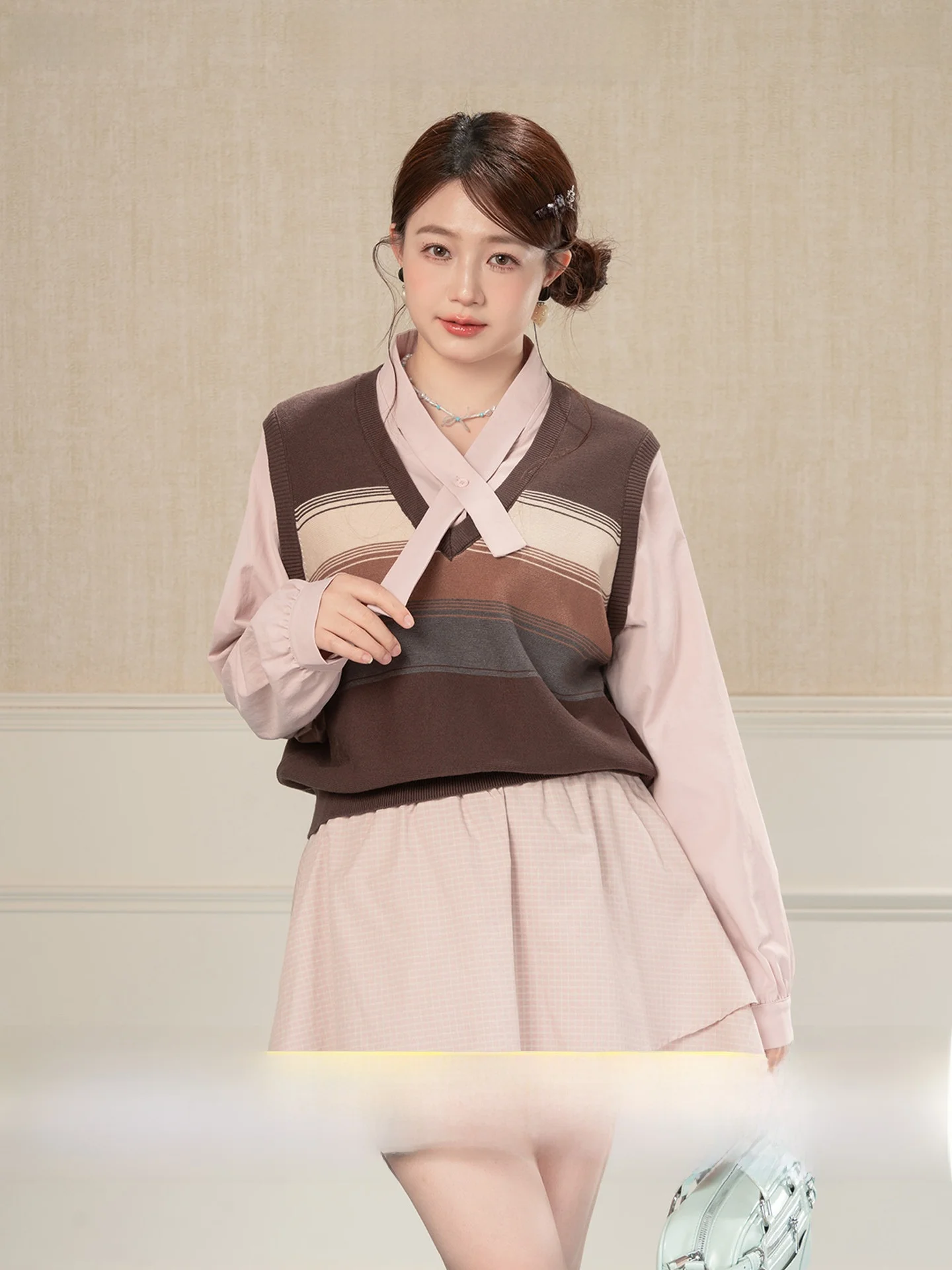 

Heynew plus Size Women's irt Vest Striped Cross Collar Slimming Top Early Spring Faion College Sle Long Sve Regular Fit