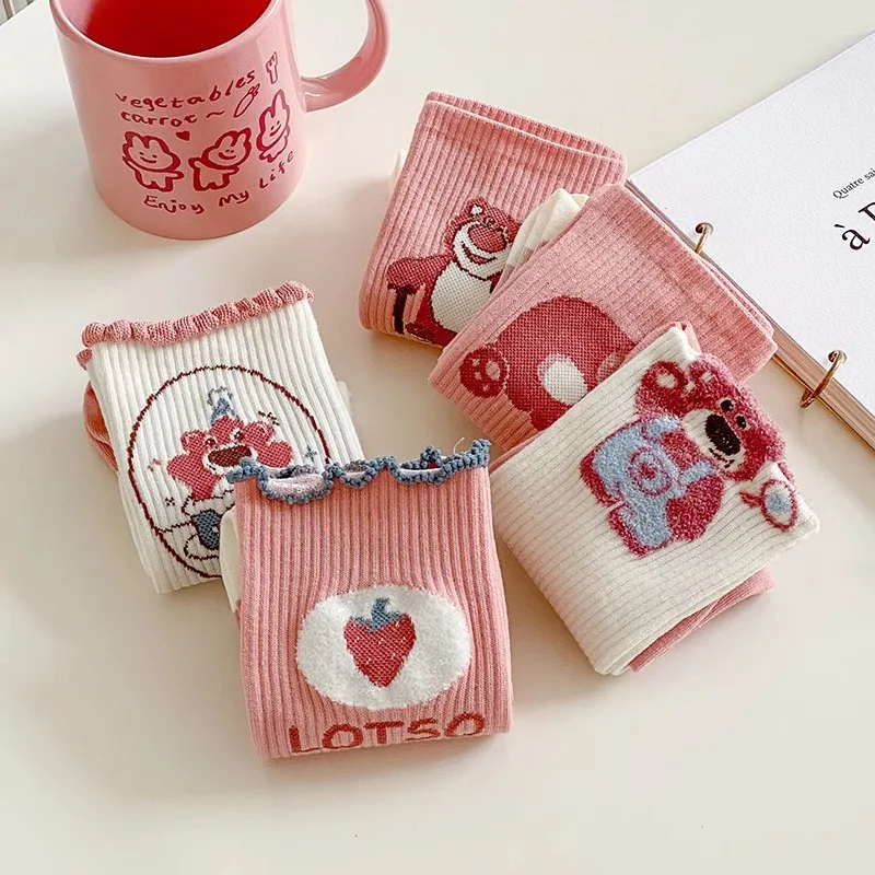 

5 Pairs Disney Lotso Children Socks Cartoon Animation Kawaii Fall And Winter New Cotton Girls Socks Girls Gift