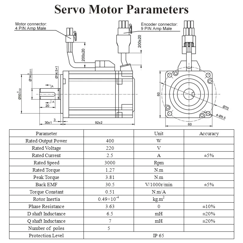 Codificador absoluto de 17 bits, kit de servomotor de 60mm, 400w, servomotor de 3000rpm y 1,3 nm con servoaccionamiento RS485