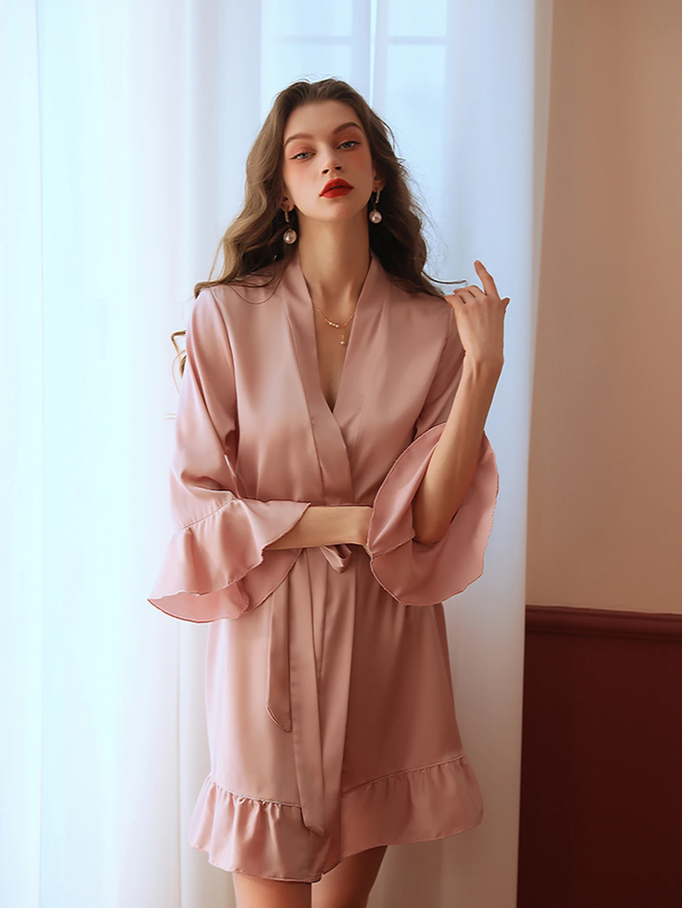 Summer Female Private Sexy Pajamas Pure Imitation Silk Nightdress Lotus Cuff Cardigan Robe Nightgown for Women