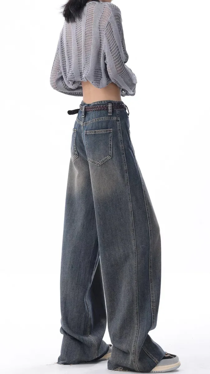 American high street retro do old wide leg jeans women fall 2024 new mid-high waist fashion mopping pants