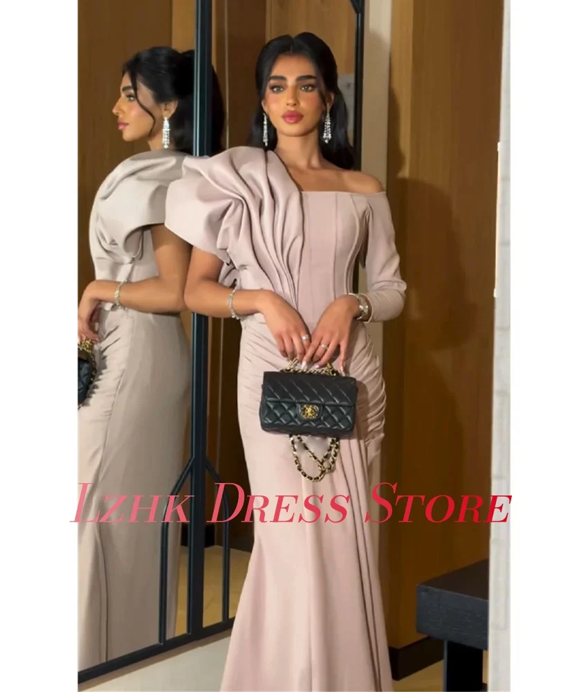 Abito da sera a sirena in jersey grazioso personalizzato, maniche lunghe, scollo quadrato, lunghezza del pavimento, فستانmavera