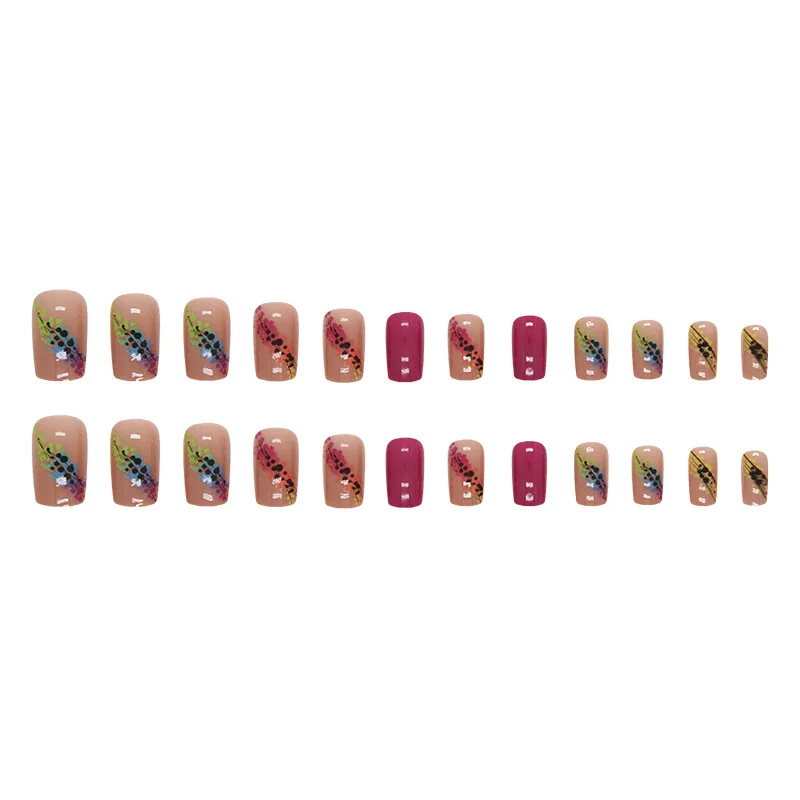 24 قطعة من أظافر قوس قزح - قاعدة أرجوانية مع نقاط ملونة، شكل باليه قصير، أظافر صناعية على طراز البوب المرح للنساء #5