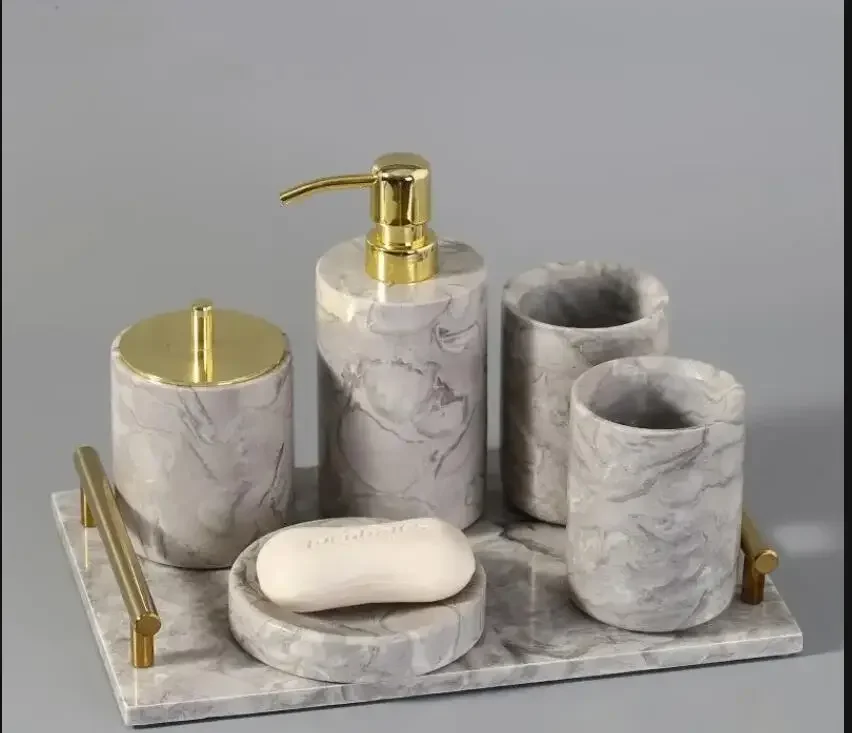 

Marble Toiletry Set Cotton Swab Box Mouth Cup Soap Dispenser Set Marble Five-piece Set Home Bathroom Accessories Set Tissue Box