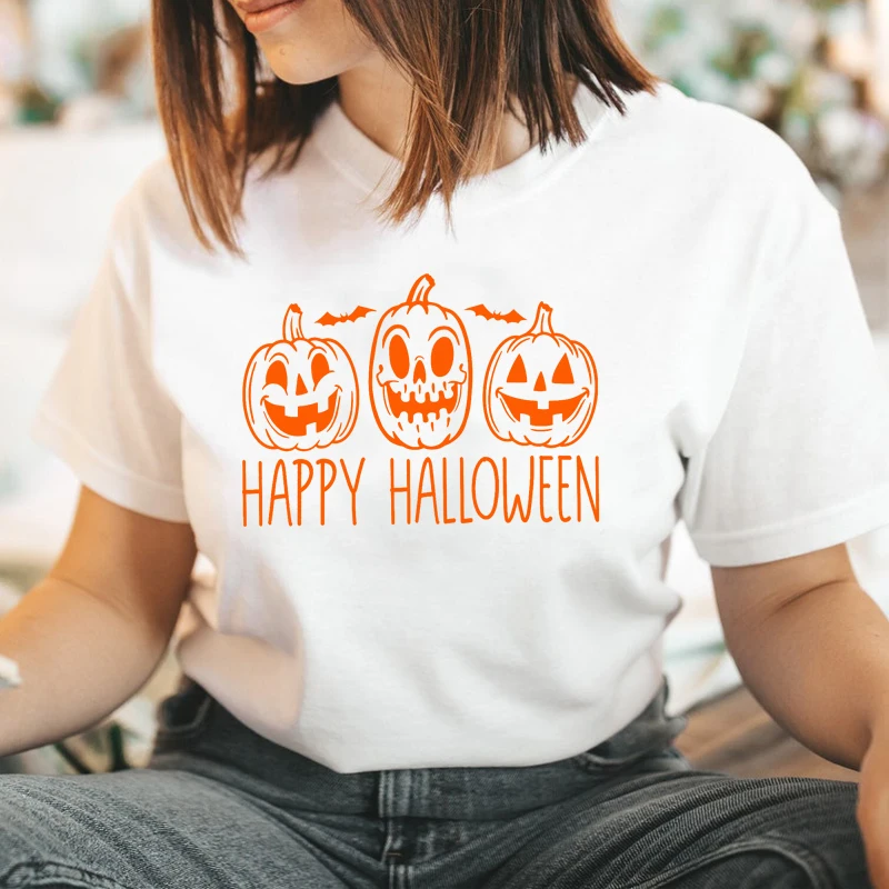 Wesołego Halloween śmieszne dynia twarz drukuj kobiety t-shirty Wicca ubrania festiwal moda zimowa kobiet koszulki pomarańczowy O Neck topy