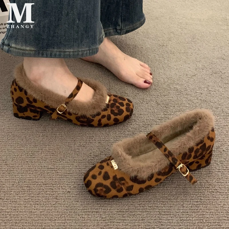 Zapatos de algodón de leopardo de piel para Mujer, botas gruesas de vestir a la moda para invierno, Zapatos de tacón de diseñador de tendencia para Mujer, Zapatos elegantes a estrenar para Mujer