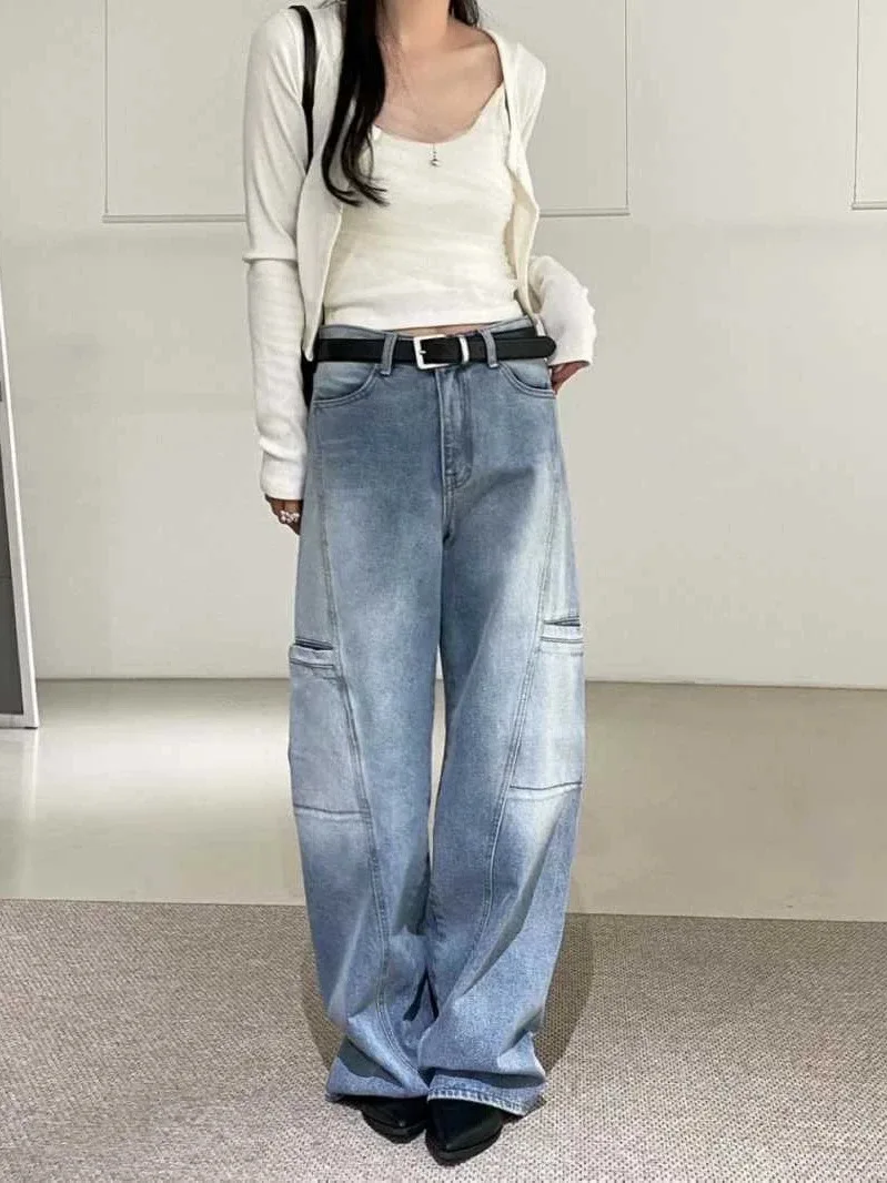 Spring 2026 High Waist Loose Fit Casual Denim Jeans Side Pocket Dongda Gate Style Light Color Cotton Button Closure