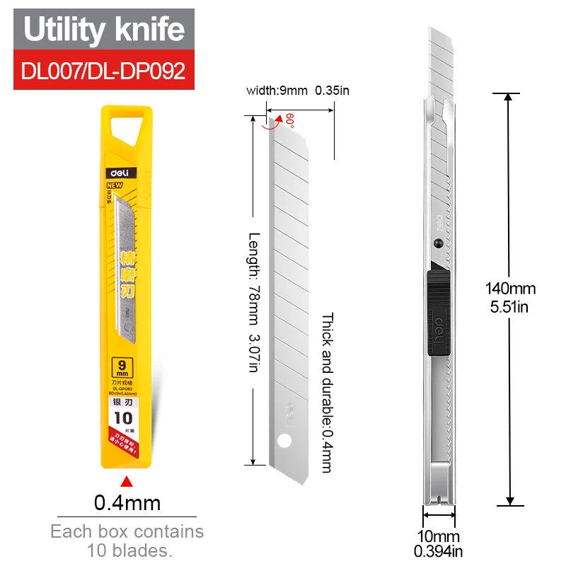 9mm Heavy Duty Utility Knife SK5 Staal Legering Lemmet 60 ° Zilverkleurige rand 0,4 mm dikke tapijt- en behangsnijder