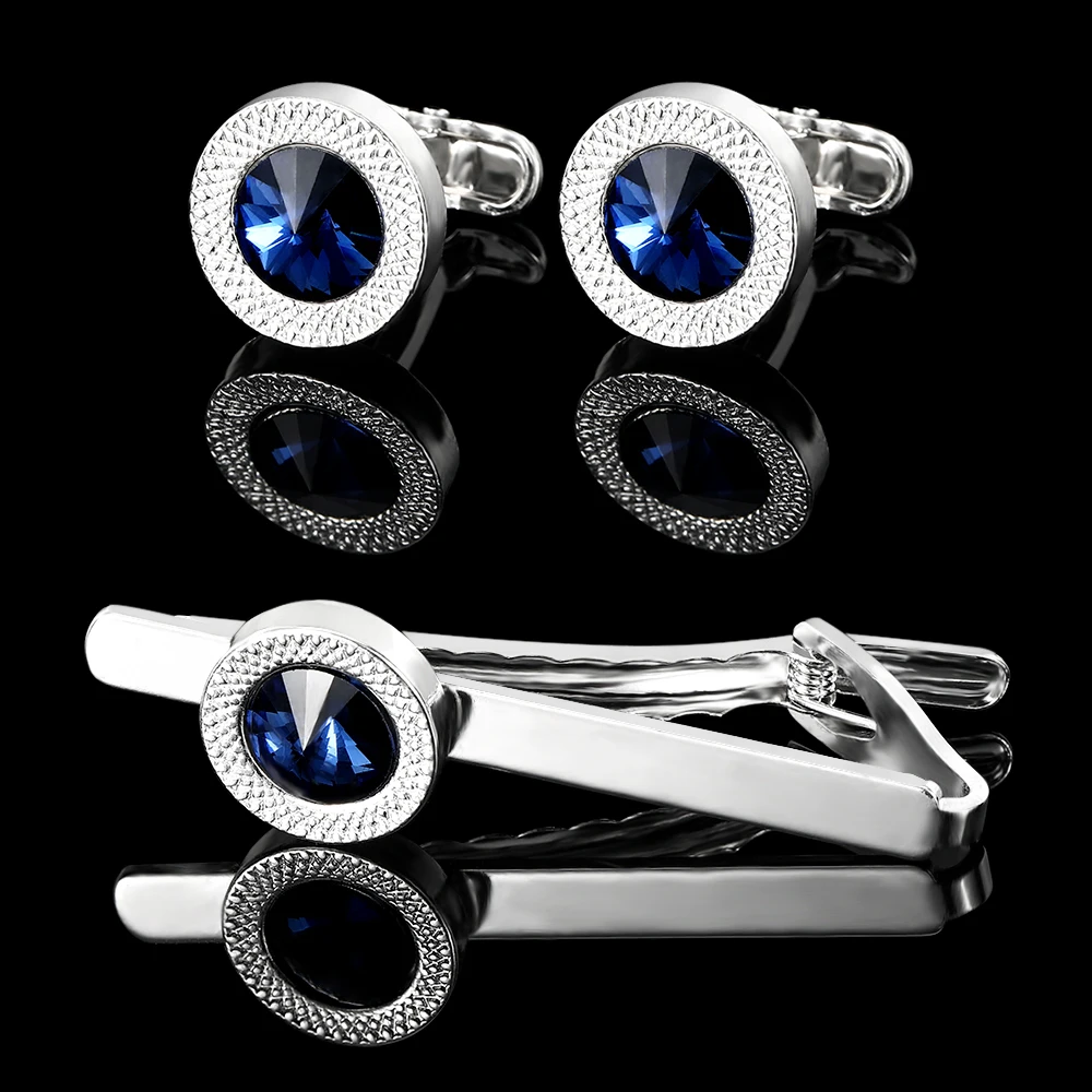 Textured Mens Blue Crystal Dust Round Cufflinks&Tie Clip Set With Unique Whale Back Closure Free Shipping