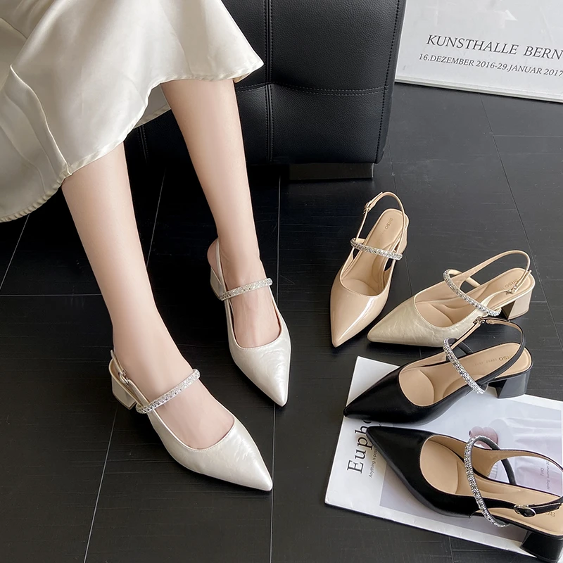 

Women's Pointed Toe Chunky Heel Slingback Sandals Rhinestone Strap Closed Toe Pumps Elegant Party Work Office Shoes for Ladies