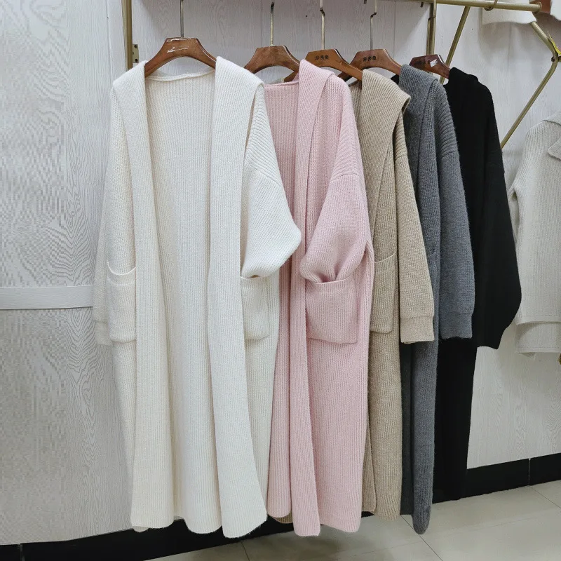 

High-End Mid-Length Hooded Knitted Cardigan Women, Autumn And Winter Thickened Lazy Style Soft Sweater Coat Outerwear