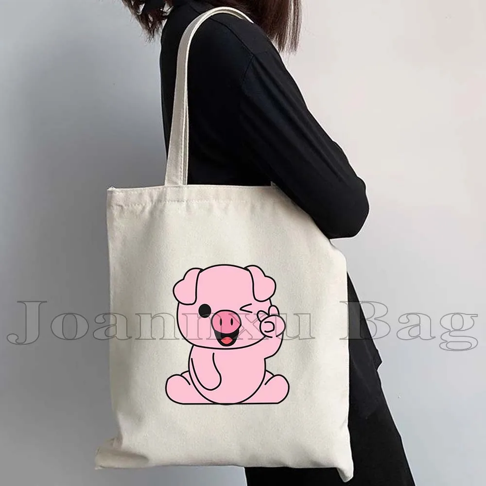 Kawaii Heart Pink Pig beruang lucu hewan yang indah kartun wanita kanvas bahu tas jinjing Harajuku pembelanja tas tangan katun dapat digunakan kembali