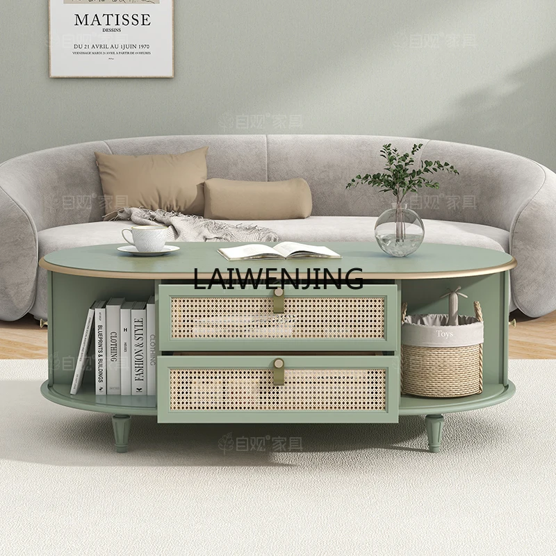 

LYN natural rattan coffee table living room oval tea table Japanese simple rolling shutter door low table