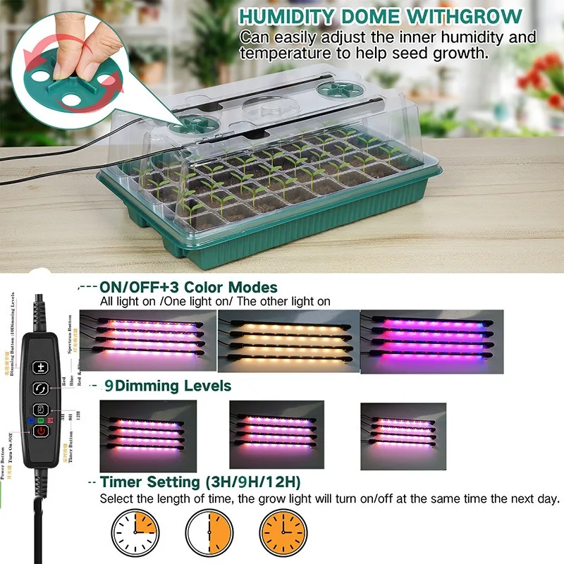 1 Set of Thickened Seed Starter Trays with Tall Domes and Full-Spectrum Grow Lights (1-to-4 Splitter, Cycle Timer, Dimmable)