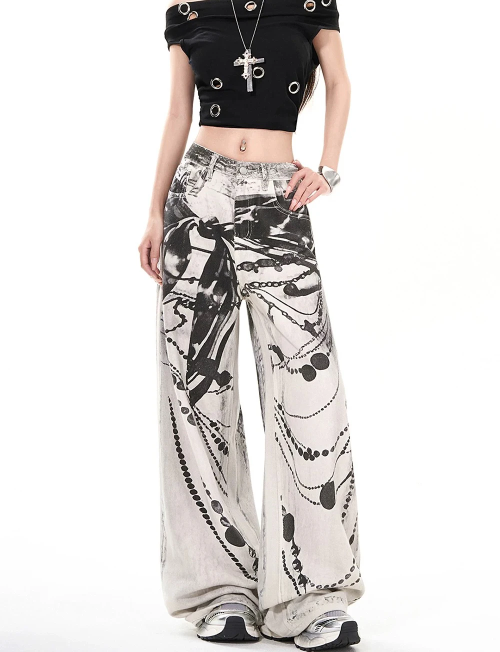 Y2K Jeans a gamba larga stampati da donna retrò Pantaloni larghi estivi a vita alta stile street americano con design dimagrante a gamba dritta
