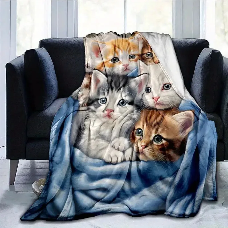 

Cute Cat Printed Flannel Blanket Home Travel Camping Blanket Thick Flannel Shawl Cover Blanket Soft Cartoon Velvet Blanket
