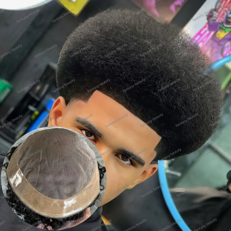 

Fine Mono Men Toupee Natural black 4mm 6mm afro curly 100%European Human Hair Toupee for Men Replacement System Hair Prosthesis