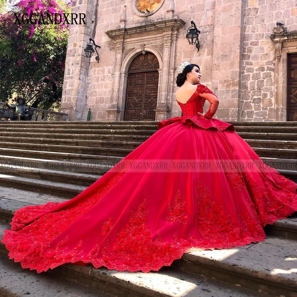 فستان أحمر Quinceanera الأميرة مع زينة ، فستان الحفلات ، بأكمام طويلة ، حلو 16 ثوب ، حفلة عيد ميلاد ، 15 سنة ، فستان فاخر ، 2024