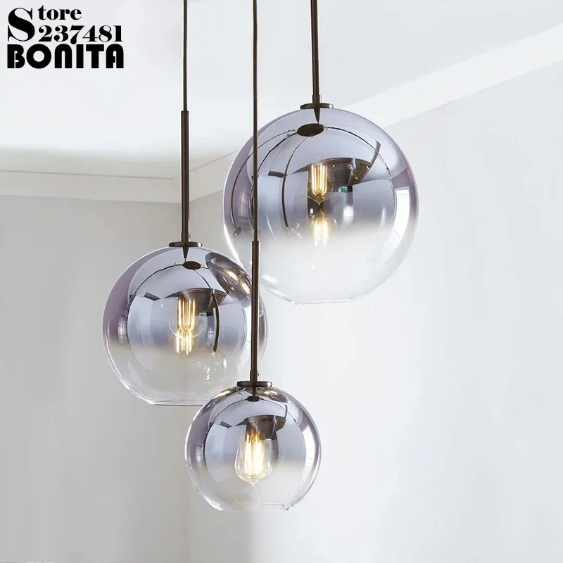 Gradient Glass Ball Design Lamp Pendant Lighting Transparent Round Droplight Edison Bubble Spherical Hanging Lights Bedroom