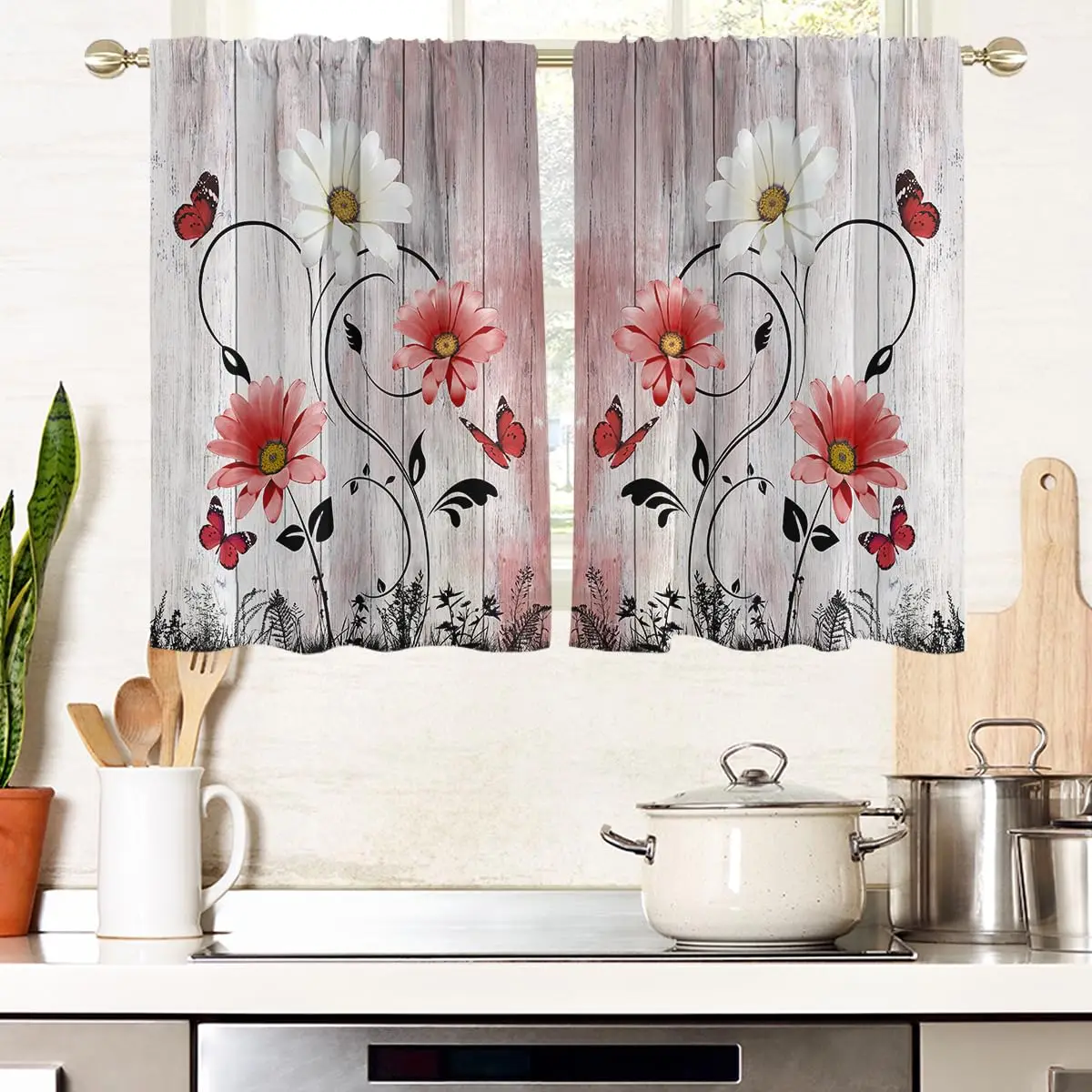 2 Pcs Red Floral Kitchen Short Curtains Rod Pocket Farmhouse Window Drapes Rustic Flower Cute  Daisy Butterfly Small Tiers