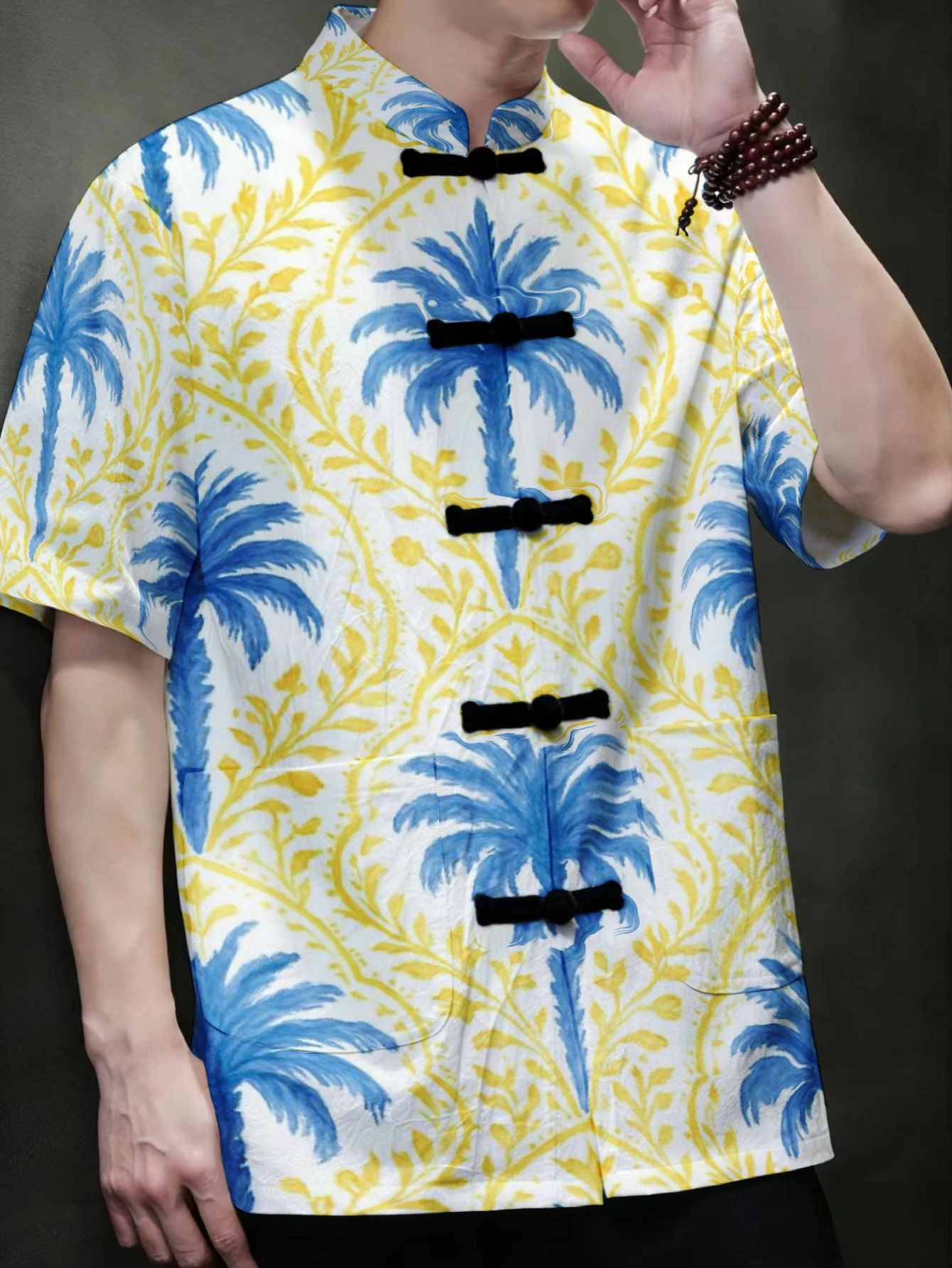 Men Men Mandarin Collar Frog Button Short Sleeve Shirt Summer Beach Scenery Print Oriental Casual Top With Side Pockets - Aliexpress Deal