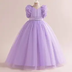 Girl's New Sequined Belt Lace Sleeves Long Mesh Princess Dress Wedding Flower Girl Birthday Party Evening Dress for 4-14 Years