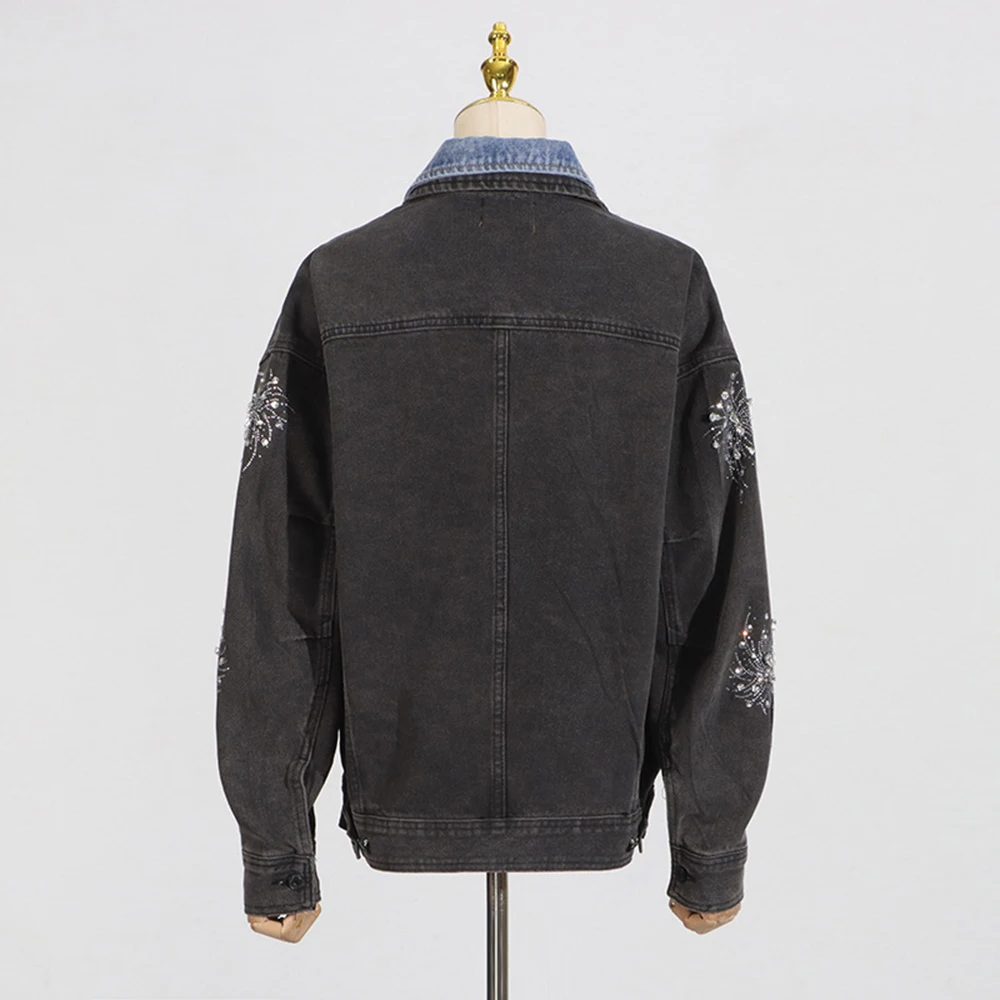 TWOTWINSTYLE Hit Color Cowboy Spliced Printing Jackets for Women Lapel Long Sleeves Patchwork Single Breasted Jacket Female New