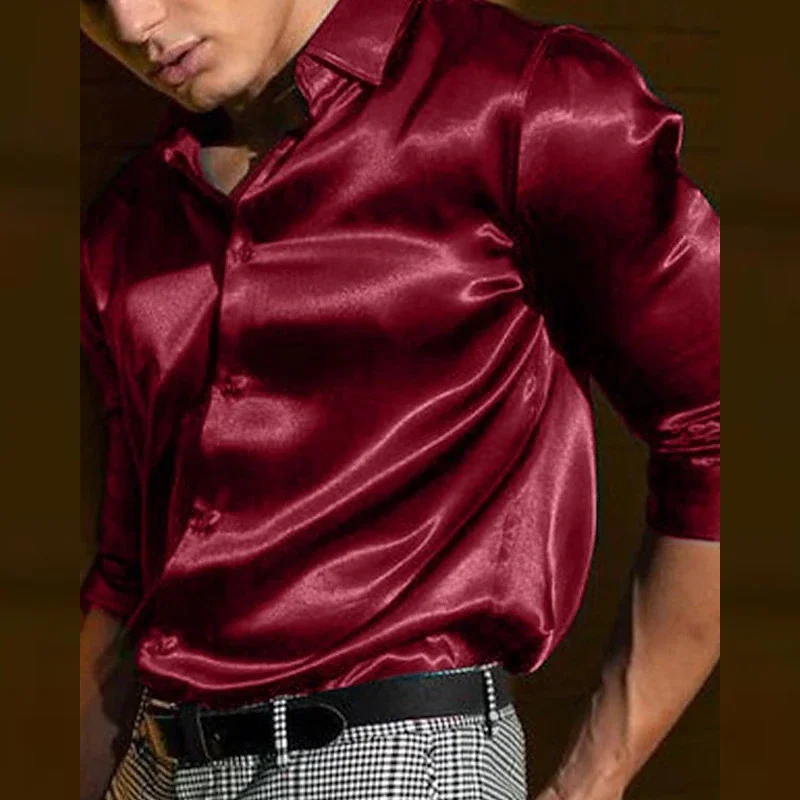 

Summer men's shirt Long sleeve sleeve shirt Party Evening dress Holiday Top T-shirt Silk red Golden Ceremony top Silk skating co