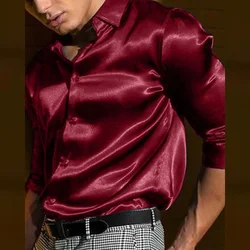 Summer men's shirt Long sleeve sleeve shirt Party Evening dress Holiday Top T-shirt Silk red Golden Ceremony top Silk skating co