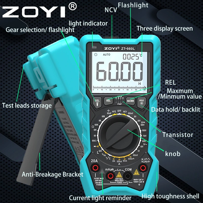 ZOYI980L Új automata Lőtér Indukciótényező multimeter Kondenzátor Trióda Magas Alaposság Digitális anti-burn multimeter Elektrikus