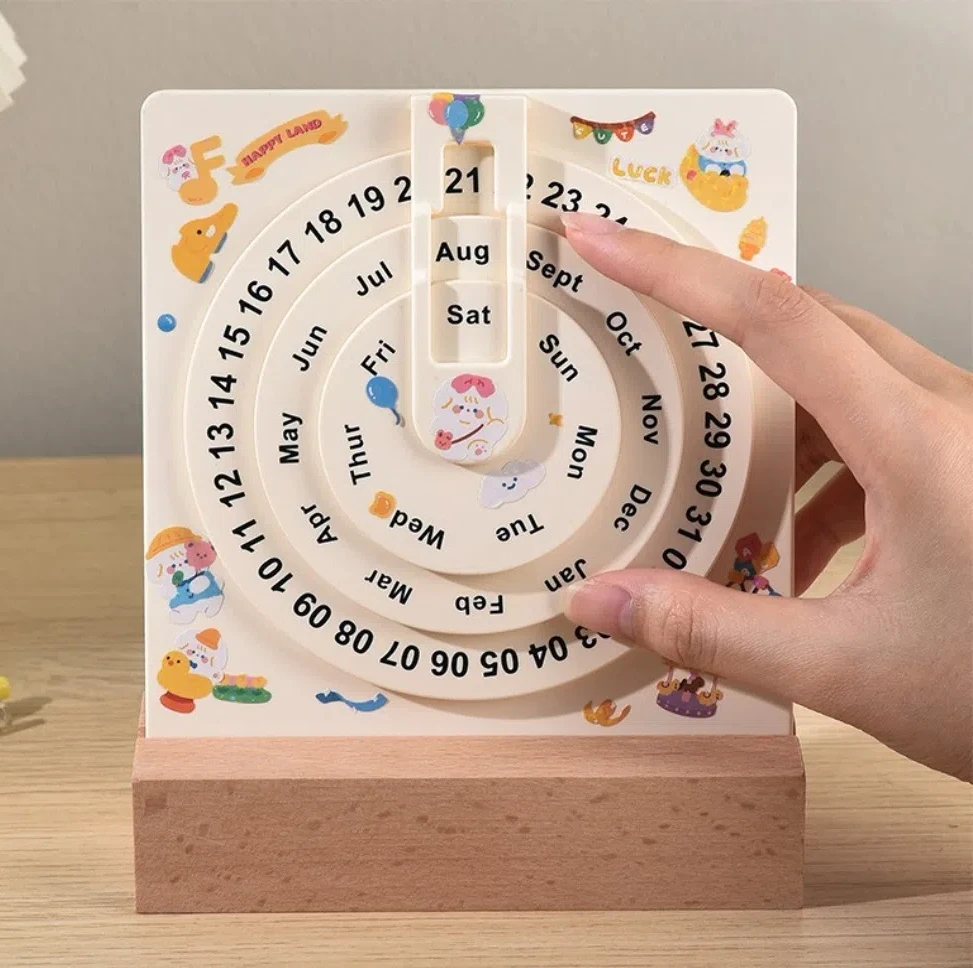 

Desktop Ornaments Handmade Perpetual Calendar DIY Wooden Base Rotating Calendar Personality Month Display Desk Calendar Office