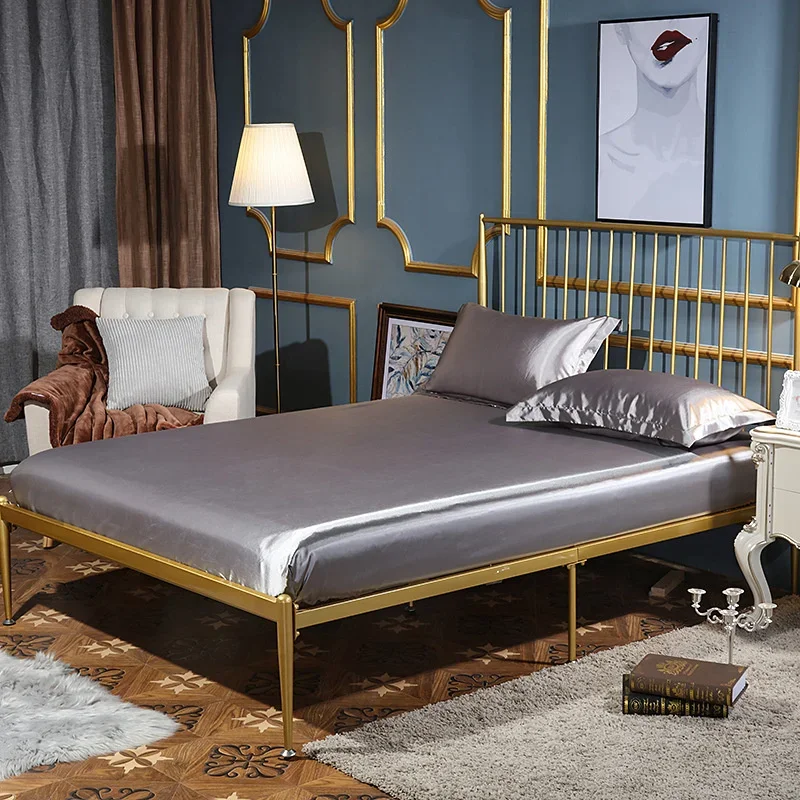 Luxury Natural Silk-Blending Fabric Bed Set Fitted Bed Sheet Set High-end Solid Stain Bedsheet Silky Bed Sheets and Pillowcases