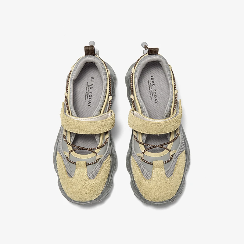 BEAUTODAY Ballet Sneakers Women Split Leather Mesh Hook&Loop Round Toe Sports Patchwork Trainers Ladies Shoes Handmade 29661