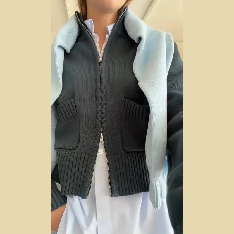 Damenmäntel mit Stehkragen, Doppelreißverschluss, kurzer Strickcardigan, Herbst, Damen, lange Ärmel, Taschen, einfarbig, schlanke Strickwaren, neue Oberteile – Detail 6