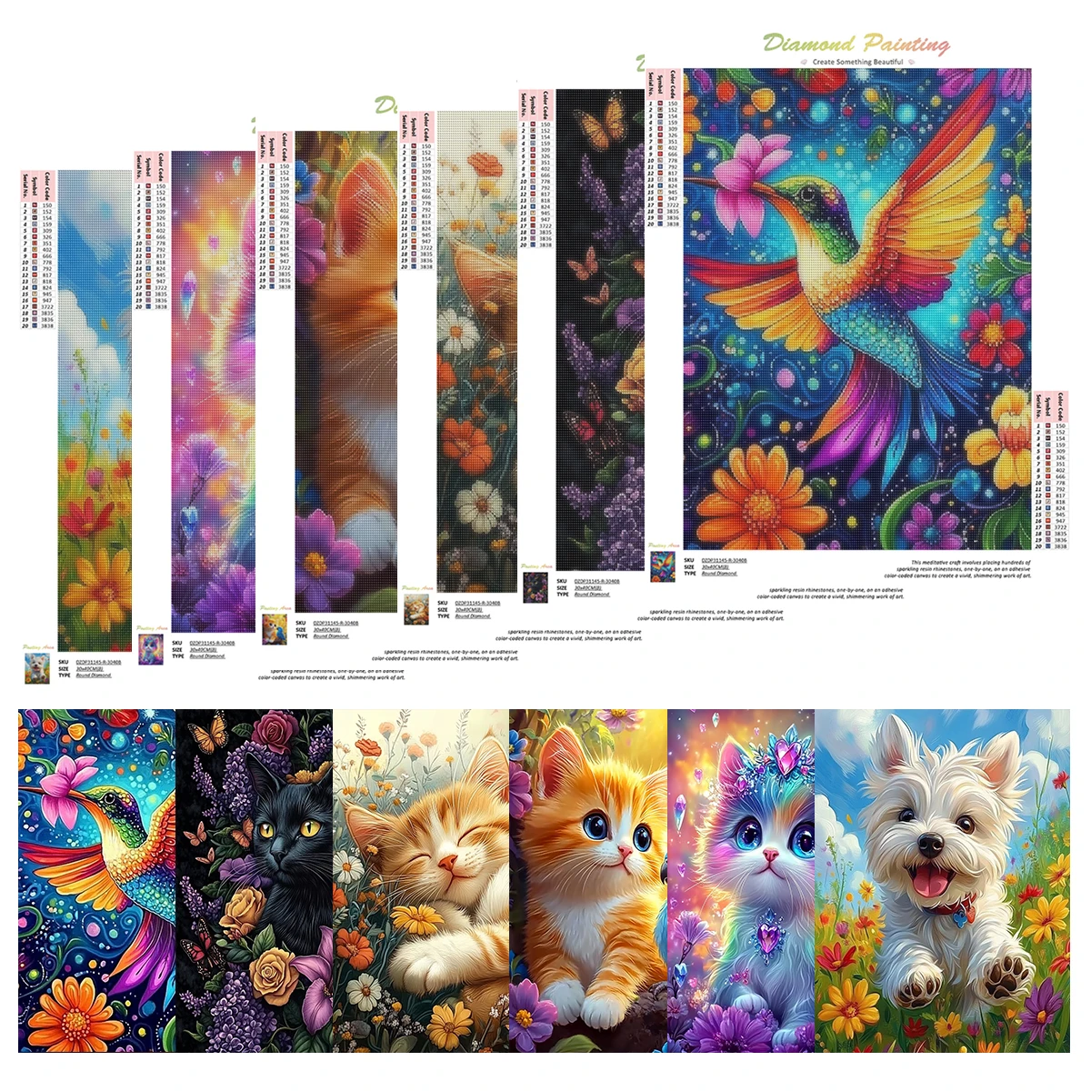 

PhotoCustom 6pcs Diamond Painting Cat And Dog Full Round Square Kit Rhinestone Diamond Animal Pictures Set Art Home Decor
