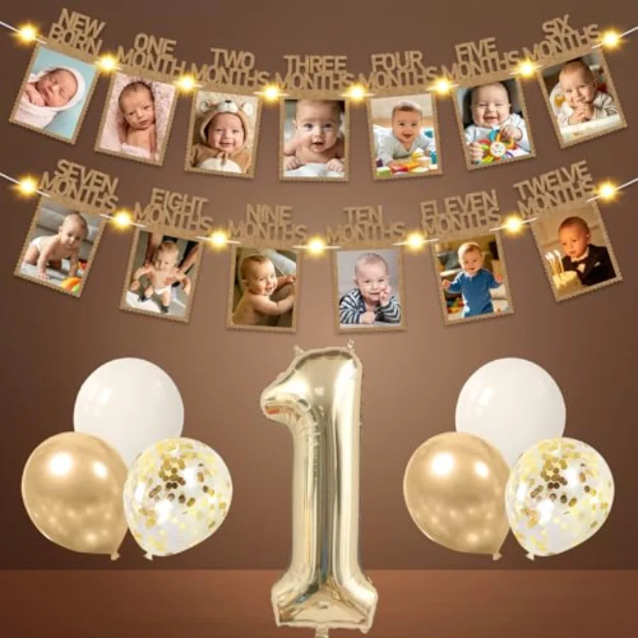 1st Birthday Decorations Kit for Girl Boy with LED Lighted Photo Banner, Champagne Gold Pre-Strung Monthly Milestone Garland fr