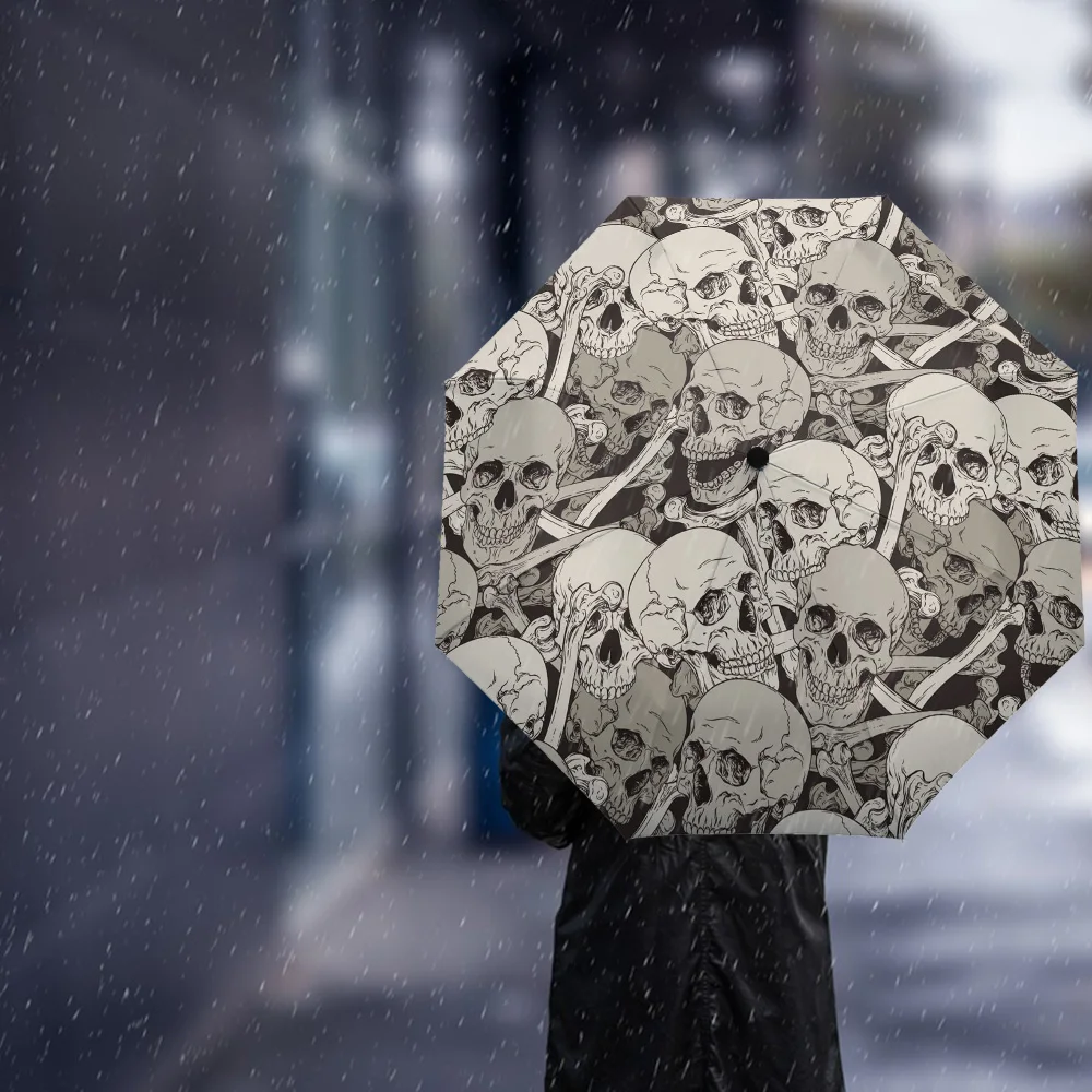 Skull Grey Art Windproof Umbrellas Travel Folding Umbrella for Female Male Eight Bone Automatic Printed Parasol