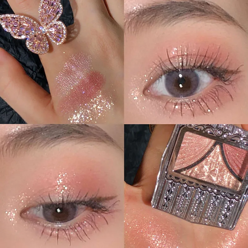 Paleta de sombra de ojos nacarada Rosa pajarita, mate brillante, 3 colores, brillo de cristal, sombra de ojos, resistente al agua, pigmento duradero, maquillaje