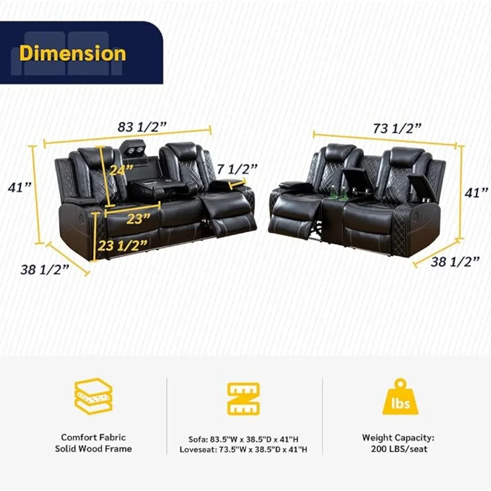 Power Recliner Sectional Sofa with LED,Couch with USB Port&Cup Holderfor Living Room, Dormitory, Guest House,Playroom,Apartment