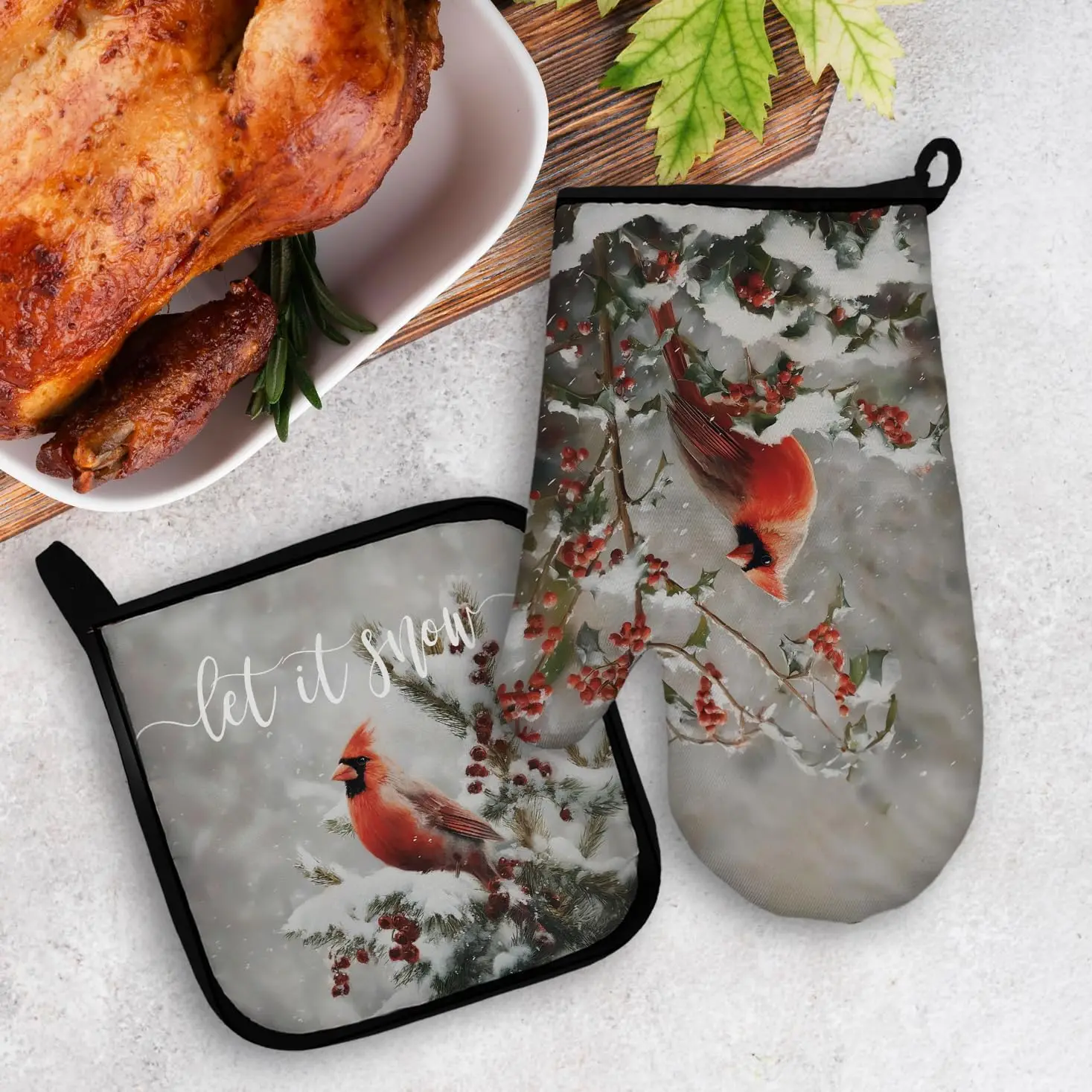 Cardinal Christmas Oven Mitts and Pot Holders Sets, Let It Snow Winter Red Cardinal Bird Xmas Heat Resistant Potholder