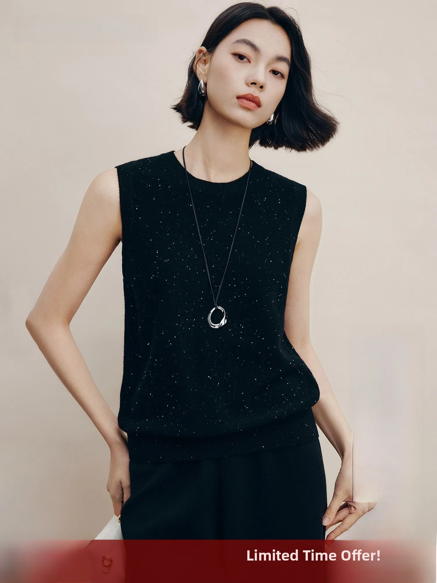 

Tianxing Manxuan Wool Knitted Vest round Neck Sleeveless Sequin Women's Casual Style Soft Woolen Top New Winter Fashion