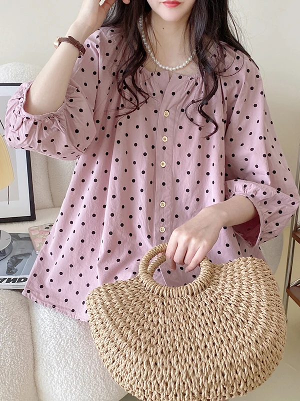 

Korean Style V-Neck Lantern Sleeve A-Line Sweet Polka Dot Doll Shirt Women's New Summer Anti-Aging Pink Shirt Commute Wind