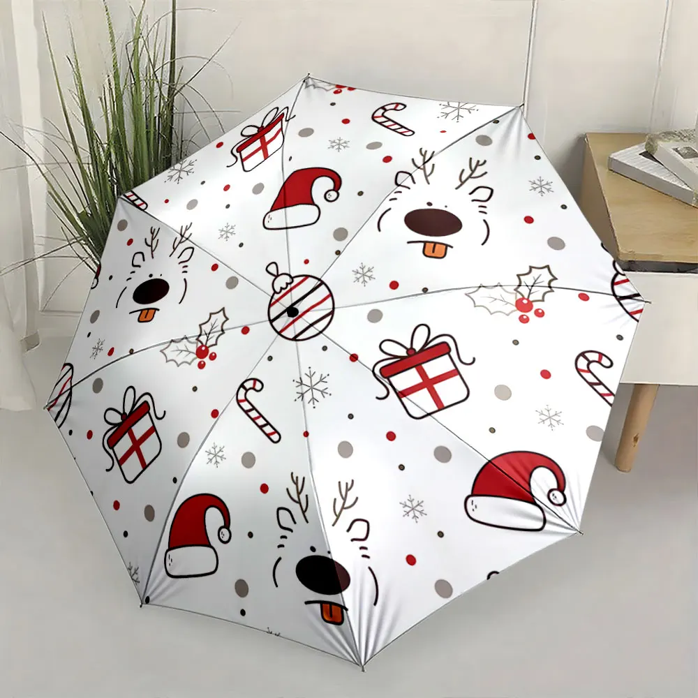1PC Christmas-Themed Umbrella with Festive Cartoon Patterns Print 8 Iron Ribs Folding Umbrella Auto-Open Fashion Sunshade