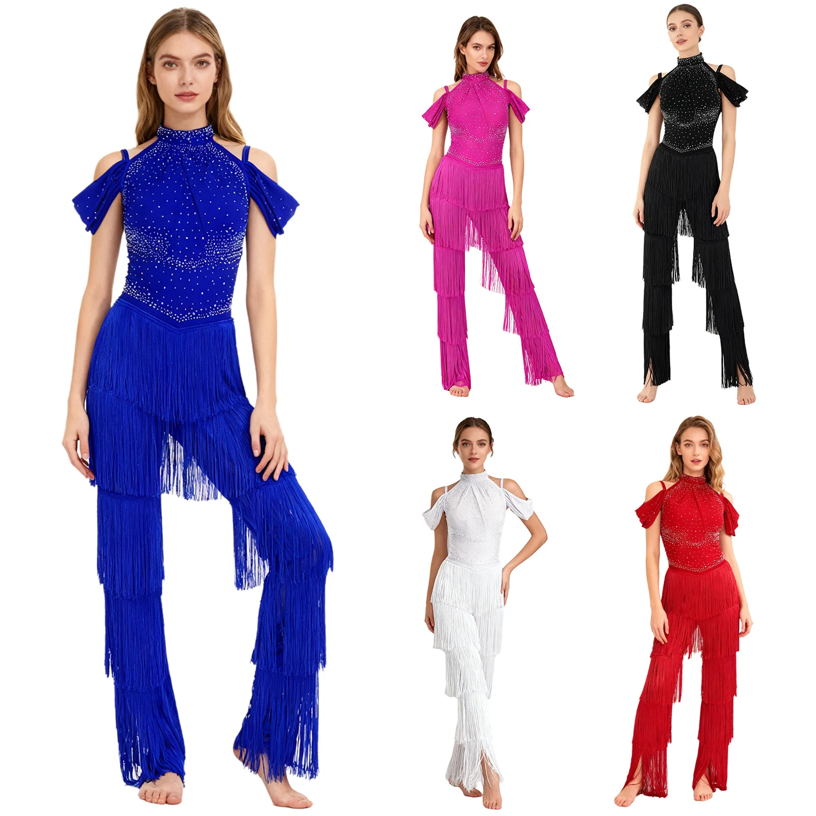 Women Latin Dance Performance Costume New Fringed Trousers Full Bodysuit Jumpsuit Ballroom Tassel Tango Cha-Cha Samba Rompers