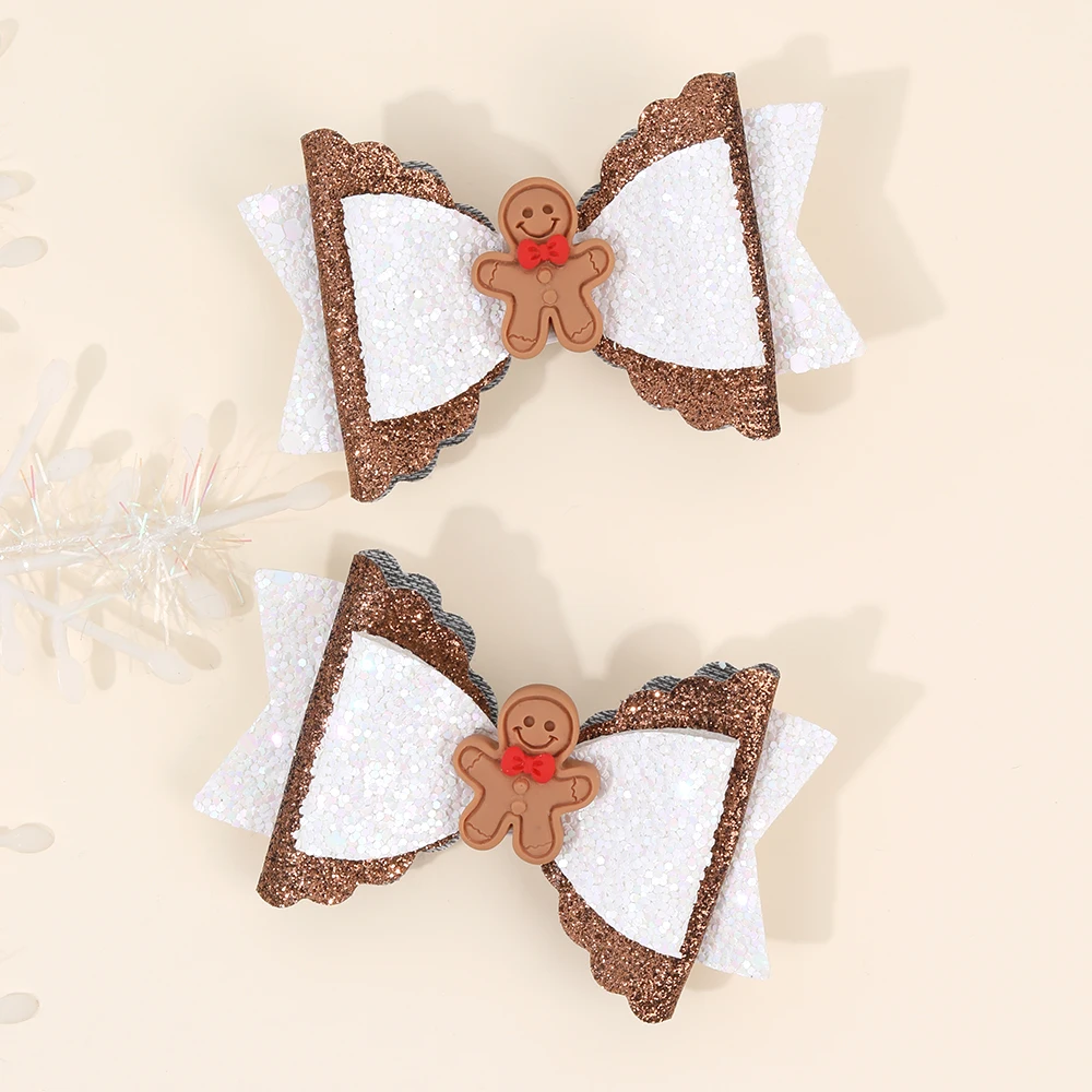 2pcs Sparkle Christmas Bow Hair Clips For Girls Cute Gingerbread Man Barrette Shining Glitter Sequins Hairpins Party Accessories - view 3
